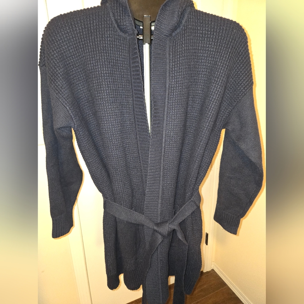 L.L. Bean Women's All Day Waffle Sweater Hooded Wrap Cardigan in Navy
